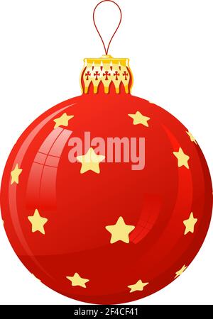 Vector illustration of a red glass Christmas ball with snowflakes on a white background. Isolated Christmas decoration. Christmas ball with golden top Stock Vector