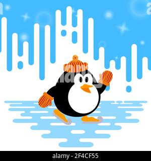 Vector illustration of a cute little penguin ice skating on abstract winter striped background. Winter sport. Penguin engaged in skating Stock Vector