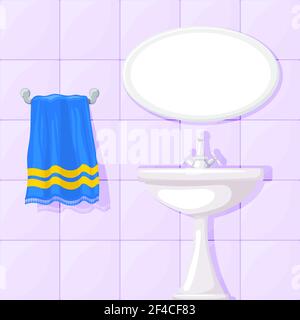 Vector illustration of bathroom ceramic wash basin, tiled walls, mirror and blue towel. Cartoon style. Furnishings bathroom Stock Vector