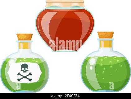 Set bottles with poison. Cardboard style. Vector illustration of a set of ancient glass vessels with poison. Stock Vector