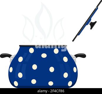 Blue cartoon saucepan with lid open on a white background. Kitchen utensils. Color image blue pots. Stock vector Stock Vector
