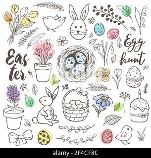 Set of decorative hand drawn Easter doodle elements for design. Vector kit with watercolor texture. Stock Vector