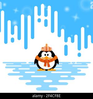 Vector illustration of a cute little penguin in a knitted hat and mittens on winter abstract striped background Stock Vector