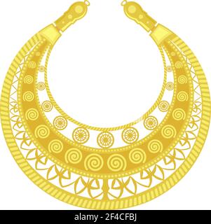 Gold pectoral on a white background. Old woman&rsquo;s jewelry. Golden detail of the female costume of the Scythians. Vintage object Stock Vector