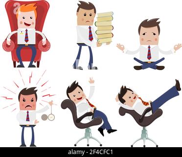 Set of color Cartoon businessman on a white background. Businessmen with different emotions. Vector illustration of businessmen for work and leisure Stock Vector