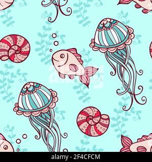 Marine seamless pattern with jellyfish and fish on a green background.  Hand drawn vector illustration.. Seamless pattern with jellyfish and fish Stock Vector