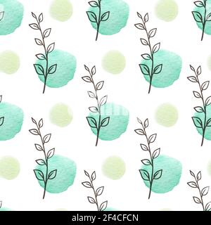 Decorative spring seamless pattern with green leaves and watercolor blots. Hand drawn vector illustration. Stock Vector
