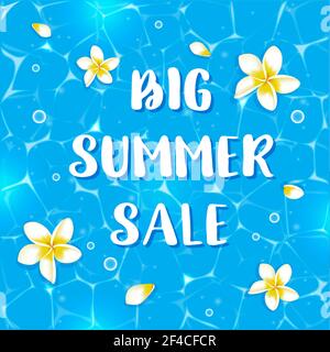 Blue vector summer background with tropical flowers in water. Banner for seasonal summer sale. . Summer background with tropical flowers in water Stock Vector