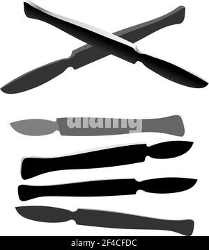 Set of silhouettes steel medical instrument on a white background. Medical scalpel in different positions. Vector illustration Stock Vector