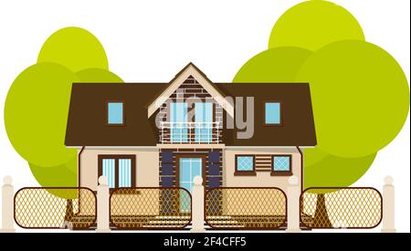 Cute little house. Cartoon house with fence and green tree on a white background. Illustration of the cozy rural home, isolate. Stock vector Stock Vector