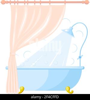 Vector cartoon illustration of shower tray and a curtain in bathroom interior Stock Vector