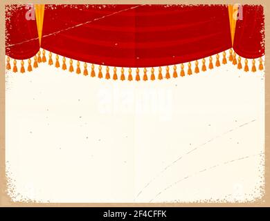 Vector illustration of a red theater curtain on a retro background. Vintage card with a grunge texture. Old paper background. Design element Stock Vector