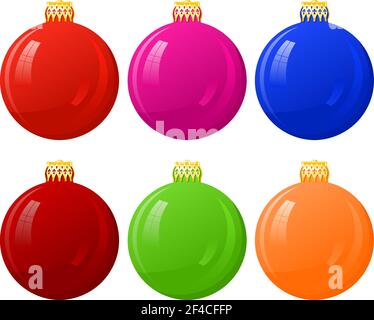 Vector illustration of abstract colored Christmas balls on a white background. Vector Christmas balls with a golden cap. Glass Christmas balls and ornaments with reflection Stock Vector