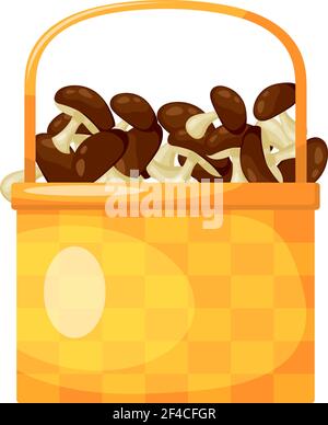 Abstract rural wicker basket with mushroom. Cartoon style. Vector illustration of a simple basket with ripe mushroom Stock Vector