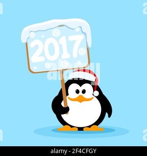 Vector illustration of a cute little penguin with the tablet 2017. Symbol of the coming New Year. Baby penguin with a wooden sign in his hands. Cartoon style. Stock Vector