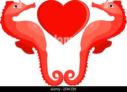 Bright image of two lovers seahorses. The symbol of true love. The concept of Valentine&rsquo;s Day. Cartoon vector illustration style. Stock Vector