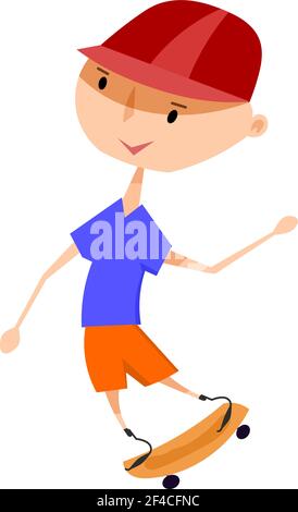 Vector illustration of invalid boy on the prosthesison a skateboard. Happy and cheerful boy a disabled person riding a skateboard on a white background. Rehabilitation of children with disabilities Stock Vector