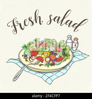 Vintage background with fresh vegetable salad on a plate. Hand drawn vector illustration.. Fresh vegetable salad on a plate Stock Vector