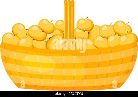 Abstract rural wicker basket with apples. Cartoon style. Vector illustration of a simple basket with ripe fruit Stock Vector