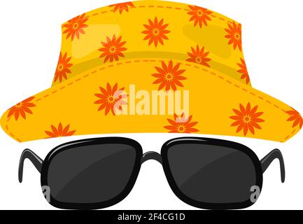 Yellow abstract ?anama hat with floral ornament and black sunglasses on a white background. Symbol of summer holiday. stock vector Stock Vector