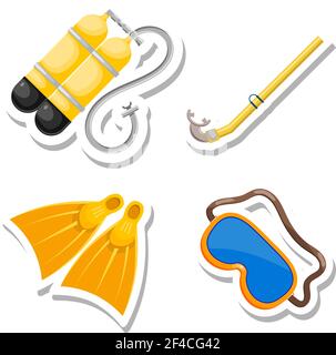Set items diver cut from paper. Vector accessories dayviga in Cartoon style on a white background. Stock vector Stock Vector