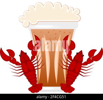 Vector illustration of beer mugs with a red crayfish on a white background. Beer, crayfish, food. Cartoon style Stock Vector