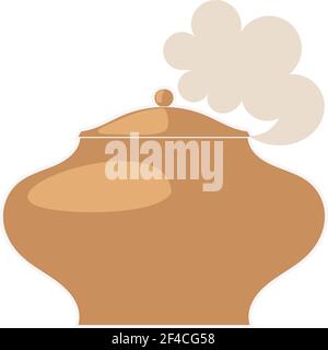 Vector illustration of a clay pot with lid on white background. Pot with steam, Cartoon style. Isolated object kitchen utensils Stock Vector