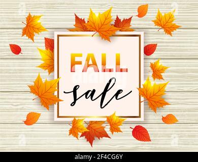 Autumn vector wooden background with orange maple leaves. Abstract golden frame for seasonal fall sale. Stock Vector