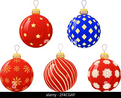 Vector illustration of color Christmas balls on a white background. Vector Christmas balls with a golden cap. Glass Christmas balls and ornaments with reflection Stock Vector