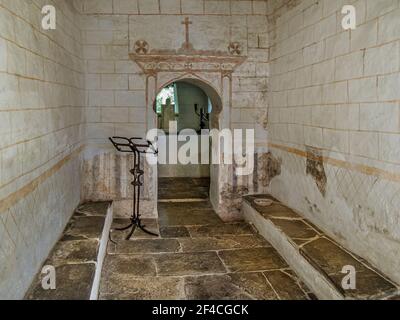 interior of the Capilla del Ciprés, a mozarabic Chapel in Samos at the way to Santiago de Compostela, Spain, July 20, 2010 Stock Photo