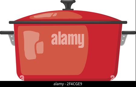 Cartoon red pot with lid on white background. Kitchen utensils. The color image red pots. stock vector Stock Vector