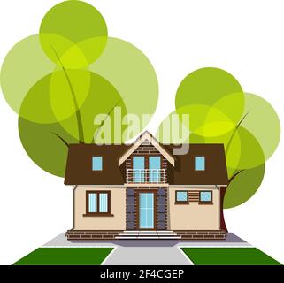 Beautiful small house with a loft, balcony and trees in the background. Building with an attic, track and grass lawn. Cozy rural house with a mezzanine. Stock vector illustration Stock Vector