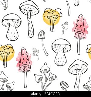 Autumn doodle seamless pattern with forest mushrooms on a white background. Hand drawn vector illustration with watercolor elements. Stock Vector
