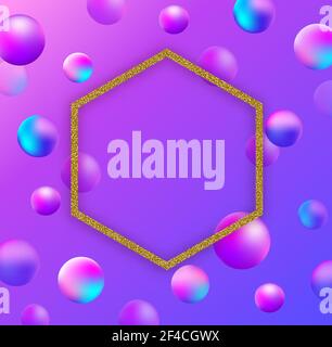 Abstract vector trendy background with falling balls and golden frame for text. Blue, pink and violet spheres on colorful gradient background. Stock Vector