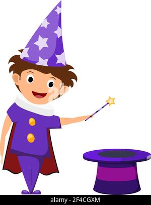 The little magician. A child in a purple suit and cap with stars with a magic wand in his hands and cylinder. Illustration of children&rsquo;s performance, show. Cartoon style. The young actor, wizard. Stock Vector