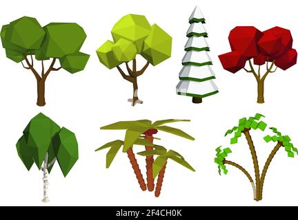 Low poly trees. Vector set of trees in the style of low poli. Birch, spruce, oak, palm. Stock vector illustration Stock Vector