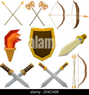Colorful vector set of medieval weapons isolated on white background. Low poly armed knights. Onions, shield, spear, ax, torch, arrow, dagger. Stock vector illustration Stock Vector