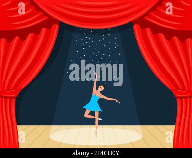 Cartoon theater. A theatrical curtain with searchlights of rays, stars and a ballerina. Young dancing ballerina on stage. Vector illustration Stock Vector