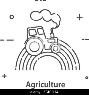 The tractor processes the field. Line icon isolated on white background. Vector illustration. Stock Vector