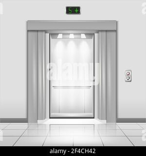 Closed chrome metal office building elevator doors with rays of light in the cab realistic vector illustration Stock Vector