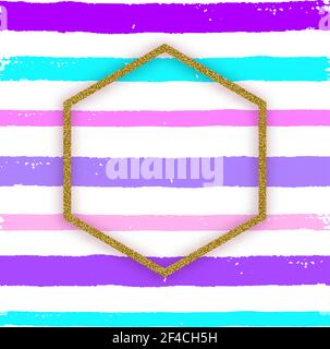 Abstract striped vector violet background with golden glitter frame and place for text. Stock Vector