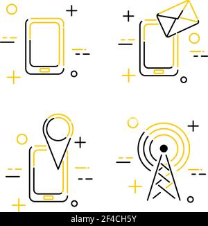 Set of linear creative icons for mobile communication. E-mail, navigator, transmitting antenna. Vector illustration Stock Vector