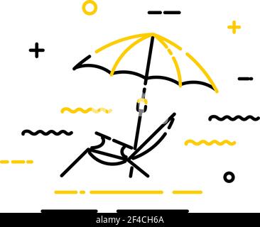 Flat color icon of a beach umbrella with a sun lounger on a white background. Symbol of summer holidays. Vector illustration Stock Vector