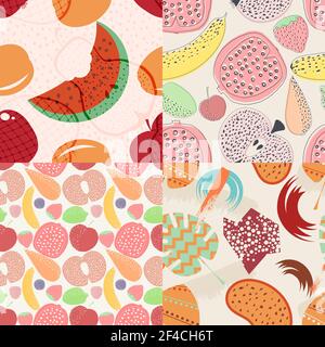 Set of vector seamless pattern with fruits and berries. Design element for websites, wallpaper, paper. Vegetarianism. Stock vector illustration Stock Vector