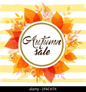 Autumn vector background with orange falling leaves. Abstract round golden banner for seasonal fall sale. Stock Vector