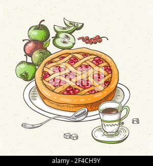 Hand Drawn Fruit And Berry Pie With Filling In Flower Shape. Vector 