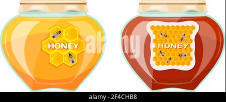 Cartoon Two glass jars of honey on a white background. Vector illustration of a glass vessel with a paper cover with honey. Isolated objects Stock Vector