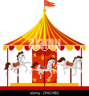 Stock Vector Cartoon children&rsquo;s fun colorful carousel with horses. Children playing a traditional carousel isolate on a white background. Stock Vector