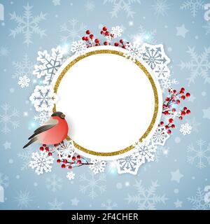 Vector Christmas background with white snowflakes and bullfinch bird. New year greeting card. Stock Vector