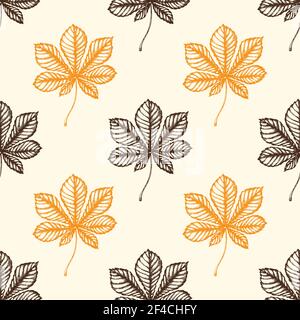 Autumn seamless pattern with chestnut leaves. Hand drawn seasonal vector background in vintage style. Stock Vector